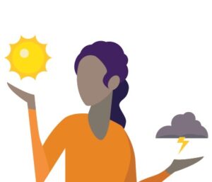 This image shows a woman holding a sun in one hand and a storm cloud in the other.