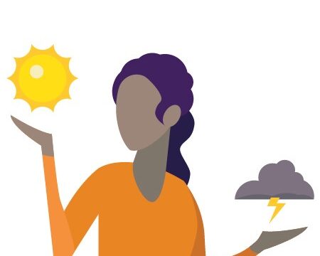 This image shows a woman holding a sun in one hand and a storm cloud in the other.