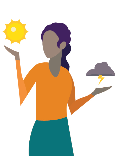 woman holding sunburst in one hand and a storm cloud in the other