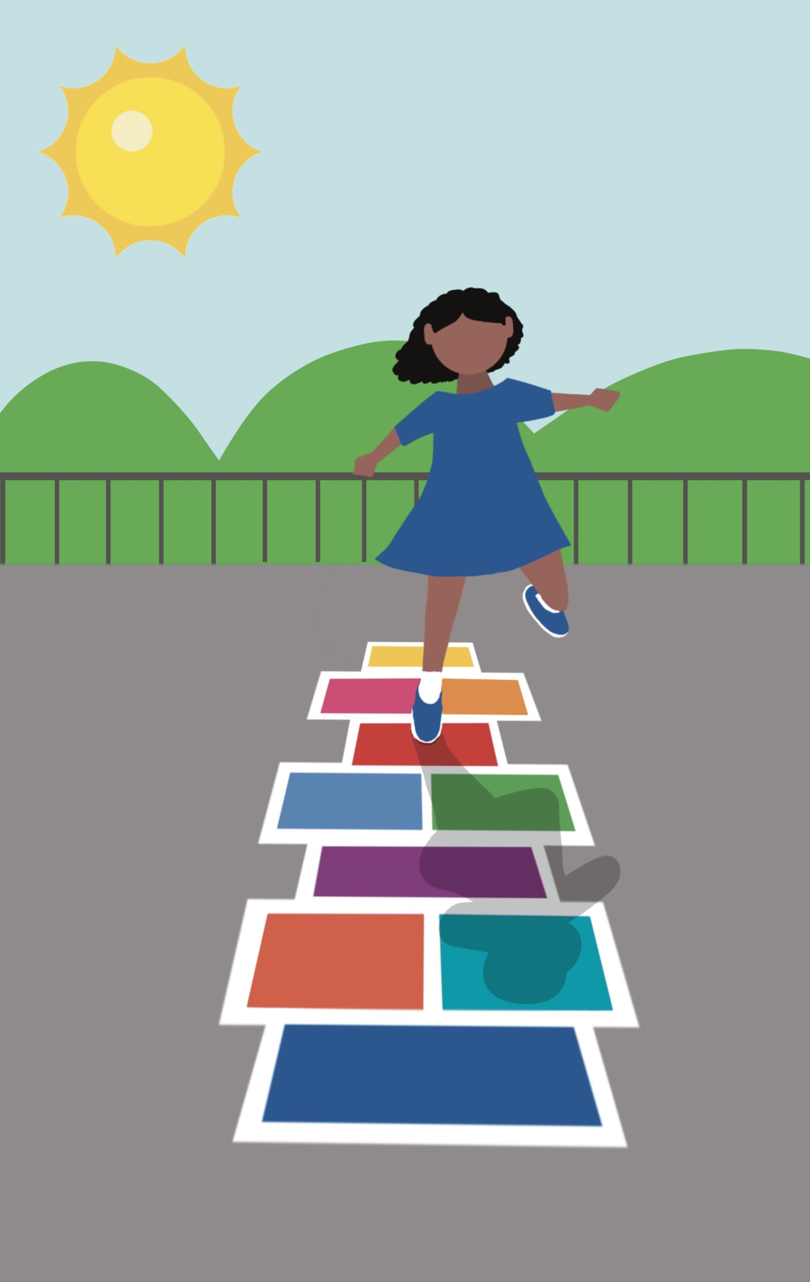 This image shows a girl playing hop-skotch alone on a sunny day.