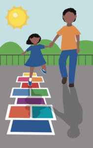 This image shows a child playing hopskotch while her father holds her hand. This image is showing an example of physical scaffolding.