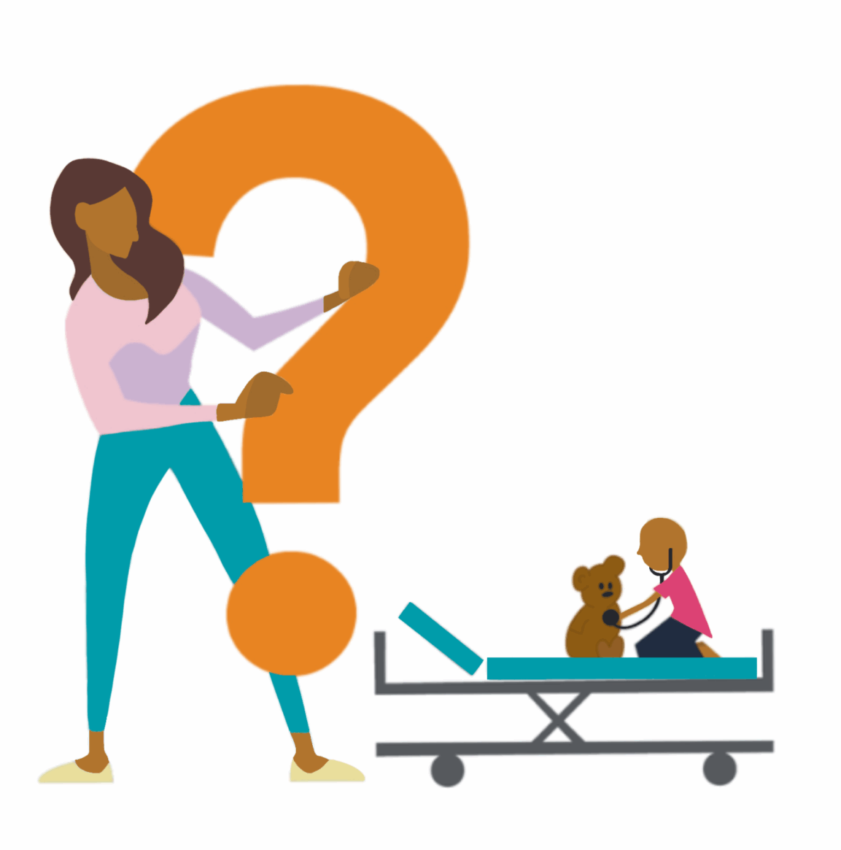 This image shows a mother holding a large question mark next to a child playing in a hospital bed