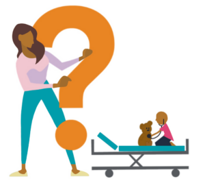 This image shows a mother holding a large question mark next to a child playing with a teddy bear in a hospital bed.