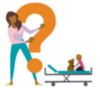 This image shows a mother holding a large question mark next to a child playing with a teddy bear in a hospital bed.