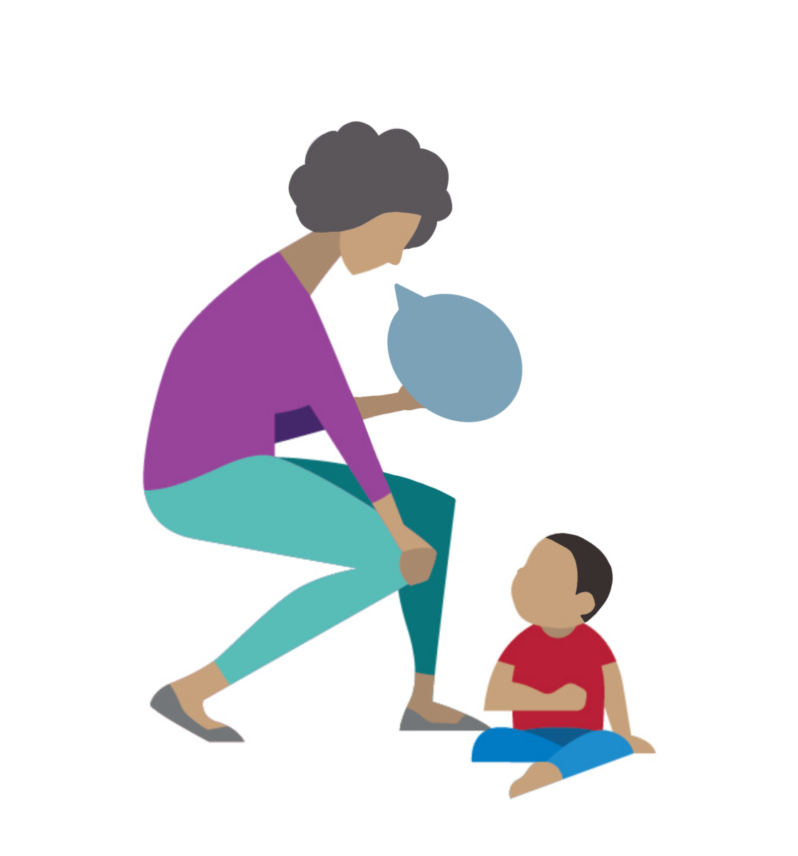 This image shows a mother speaking to her toddler sitting on the floor.