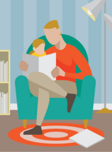 This image shows a father reading to a child sitting on his lap.