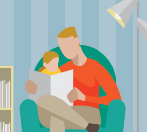This image shows a father reading to a child sitting on his lap.