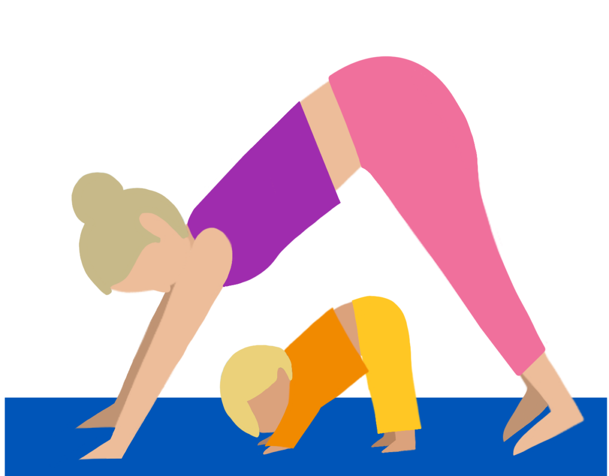 This image shows a mother and child doing yoga together.