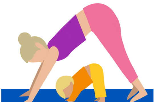 This image shows a mother and child doing yoga together.