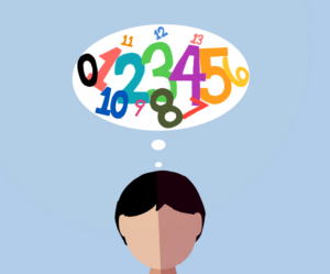 This image shows a boy with a thought bubble filled with numbers.