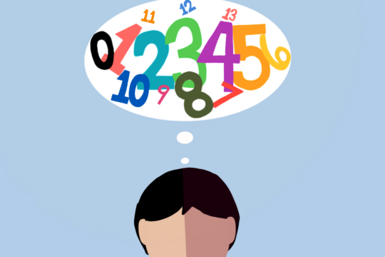 This image shows a boy with a thought bubble filled with numbers.