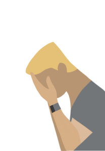 This image shows a man with his head in his hands.