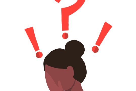 This image shows a woman with her head in her hands underneath a large question mark and two exclamation points.