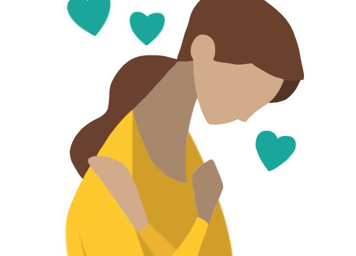 This image shows a woman giving herself a hug surrounded by hearts.