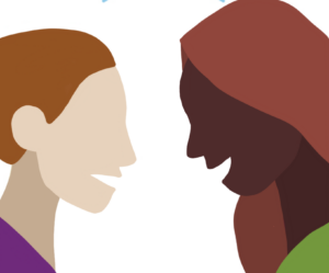 This image shows two women talking.