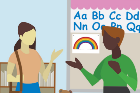 This image shows a mother and teacher having a chat.